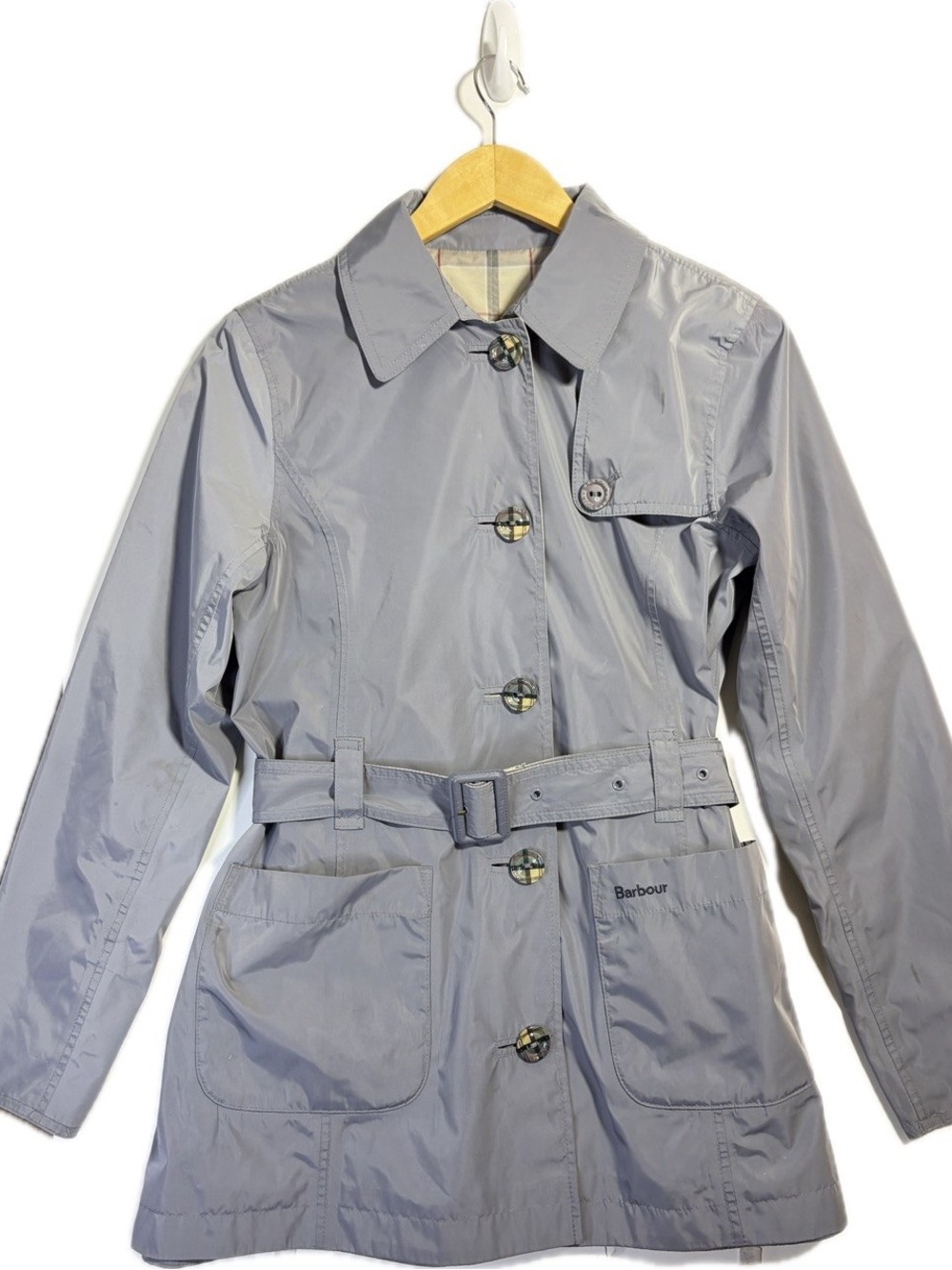 Barbour Oak Reversible Trench Coat Grey Tartan US 6 Waterproof